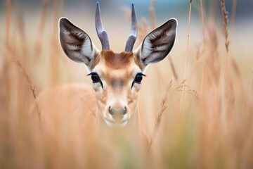 eye-level shot of springbok camouflaged in grass - obrazy, fototapety, plakaty