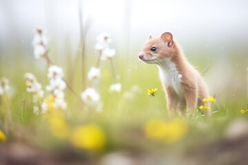 fluffy stoat kit exploring new surroundings in spring