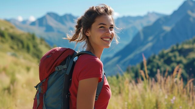 Chica joven senderista disfruta de un hermoso d&iacute;a de trekking en las monta&ntilde;as con mochila
