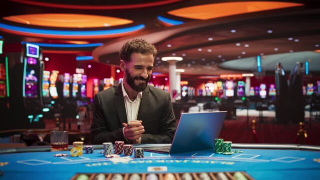 Portrait of a Young Man on Casino Floor, Using Laptop Computer to Play Online Casino Betting Jackpot Games. Professional Businessman Celebrating after Winning Jackpot Bet. Luck and Strategy