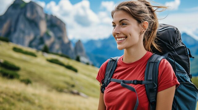 Mujer feliz haciendo senderismo en monta&ntilde;as durante el verano