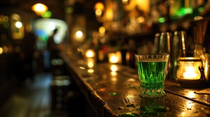 Green absinthe drink on a vintage bar counter with warm lighting - obrazy, fototapety, plakaty