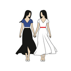 Two women walking together, one in black skirt and blue blouse, other in white dress. Friendship and diversity concept. Elegance and simplicity vector illustration.