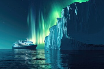 expedition cruise ship north pole cold ice berg northern lights in sky