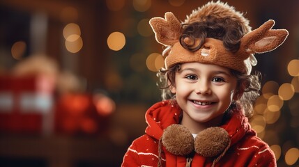 On an orange background, a happy child wearing a reindeer headpiece and a Christmas jumper, Generative AI. - obrazy, fototapety, plakaty