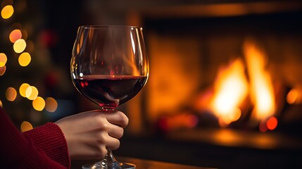 One is drinking a glass of red wine while seated in front of a fireplace, christmas, Generative AI.