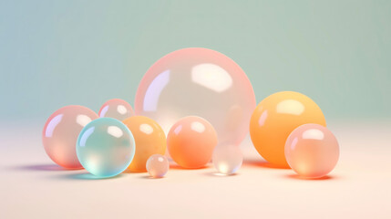 3D multi-coloured spheres of different sizes and transparency. Pastel colour palette. Abstract...
