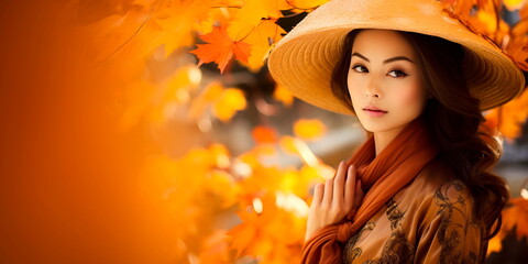 Capturing the beauty of autumn, with a Japanese woman adorned in warm colors against a backdrop of falling leaves.