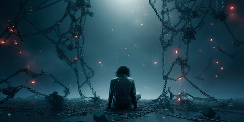 A concept that visualizes the feeling of being bound by invisible chains when grappling with depression and loneliness.