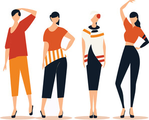 Obraz premium Four stylish women posing in modern casual and elegant fashion outfits. Group of diverse females showing different standing postures. Fashion diversity and female empowerment vector illustration.