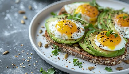Avocado plated whole grain toast with eggs, fresh mini herbs, sunflower seeds, Plate of assorted healthy avocado toasts. Eggs, tomatoes and cucumber spinach.