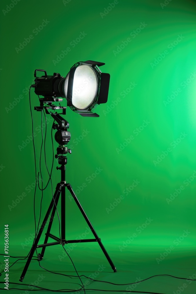 Aufkleber A camera and tripod are displayed on a vibrant green background. This image can be used for various photography-related projects