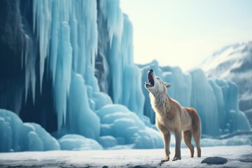 howling wolf with a frozen waterfall in the background