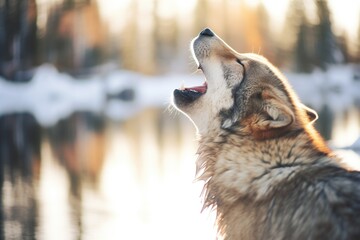 Naklejka premium wolf raising head in howl by winter lake reflections