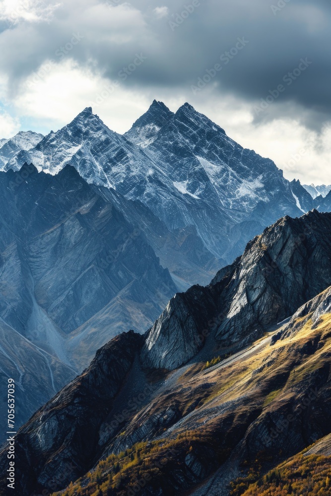 Poster a picturesque view of a mountain range with snow capped mountains in the distance. perfect for trave