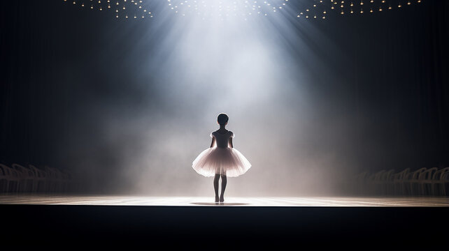 Fototapeta the silhouette of a ballerina on stage in a contoured theatrical lighting