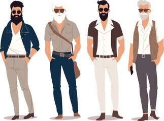 Four stylish men in casual fashion standing. Mature male characters with beards in modern outfits. Diverse men casual attire vector illustration.