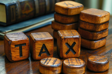 Word TAX on wooden blocks on a desk , Income tax return concept