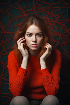 Woman with red hair and red sweater is posing for picture.