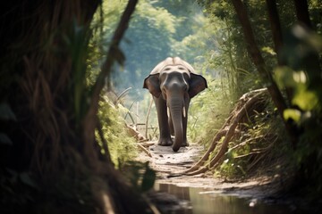 Fototapeta premium elephant casting a shadow on a jungle trail