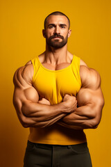 Man with beard and yellow shirt posing for picture.
