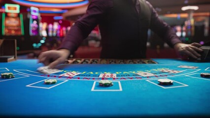 Casino Card Game Table: Professional Dealer Running a Blackjack Game. Anonymous Male Croupier Dealing Playing Cards for Placed Bets. Betting on Payout, Strategy and Luck. Zoom in Cinematic Shot - Powered by Adobe