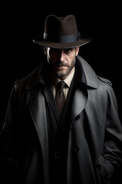 Man in black coat and hat with black background.