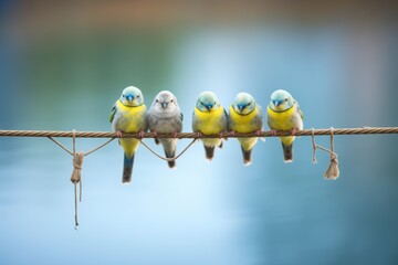 group of budgerigars perched on a rope swing - obrazy, fototapety, plakaty