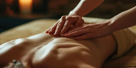 Keuken foto achterwand Massagesalon A man is shown receiving a relaxing back massage at a spa. This image can be used to depict relaxation and self-care at a spa or wellness center