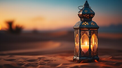 Ramadan lamps in the sand at dusk in the desert, Generative AI. - obrazy, fototapety, plakaty