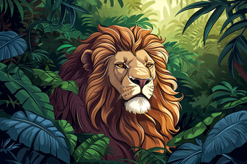 cartoon style of a lion in the jungle