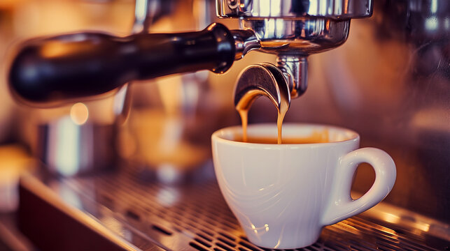 Eine Tasse Kaffee unter einer Kaffeemaschine, genuß, köstlich, generative AI