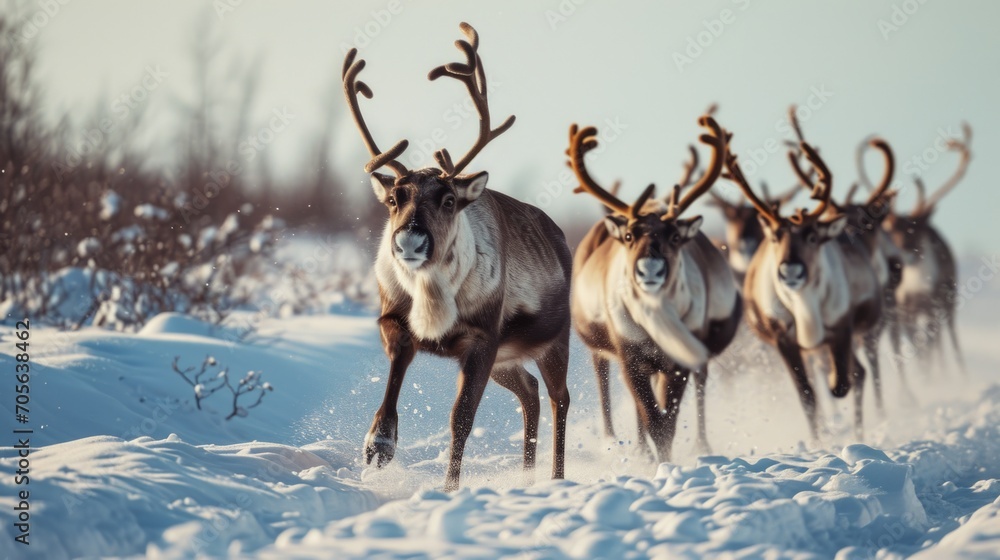 Aufkleber A dynamic image capturing a herd of reindeer running across a snow covered field. Perfect for winter and wildlife-themed designs