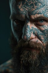 A close-up shot of a man with intricate tattoos on his face. This striking image can be used to depict rebellion, self-expression, or the tattoo culture.