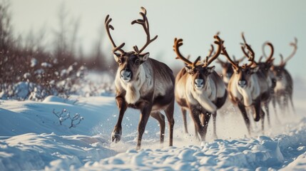 A dynamic image capturing a herd of reindeer running across a snow covered field. Perfect for winter and wildlife-themed designs