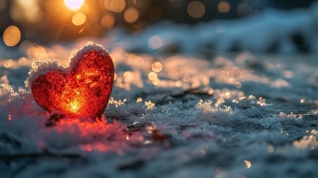 Red heart covered with snow in ground with a big copy space, Generative AI.