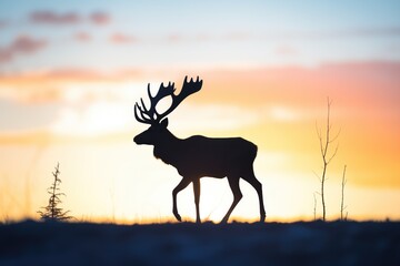 lone caribou silhouette against arctic sunset
