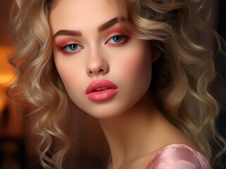 Fototapeta premium Elegant woman with soft makeup posing in a pink silk dress, exuding luxury and femininity.