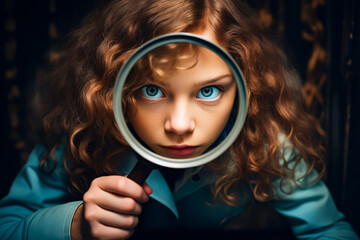 Woman looking through magnifying glass at the camera.