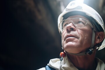 caver with headlamp examining stalactites in a large cavern