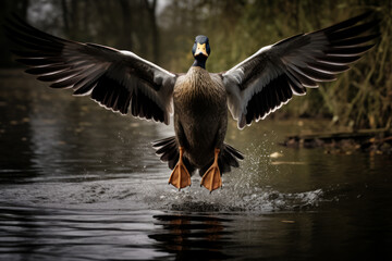 Pato volando con las alas abiertas cerca del río. - obrazy, fototapety, plakaty
