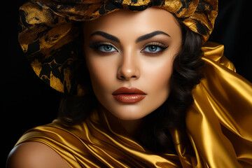 Woman with golden dress and gold scarf.