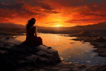 Evocative Lonely girl sunset. Female sad ocean. Generate Ai