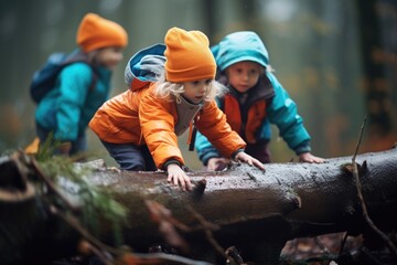 children climbing over fallen logs with a treasure
