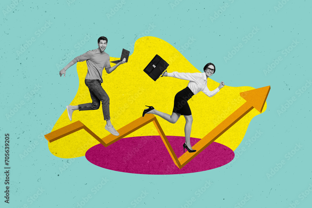 Poster creative retro 3d magazine collage image of excited workers running achieving success isolated color