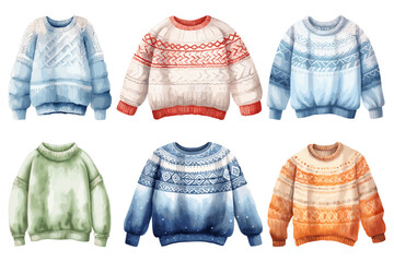 Watercolor winter sweater set, winter accessories, vector illustration - 705639257