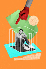 Vertical illustration collage of young funny guy stressed sitting in trap birdcage when boss finger abuse isolated on orange background