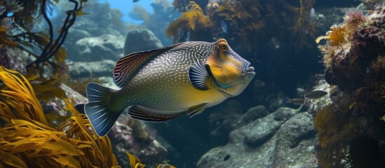 New Zealand trigger fish swimming near kelp and rocks.