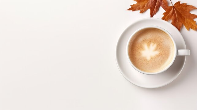 Top view of coffee cup with maple leaf in a clean white surface, Generative AI.