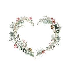 Watercolor floral frame. Hand painted heart of leaves, green fir tree branches, berries, eucalyptus, cedar. Botanical wreath of forest greenery for card design, wedding print, st valentine day